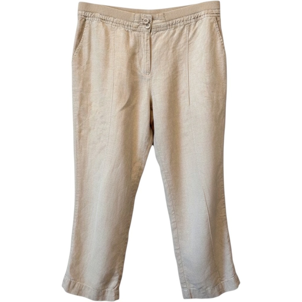 Chicos 100% Linen Cropped‎ Pants Beige Oatmeal Elastic Waist Size 2 L Large